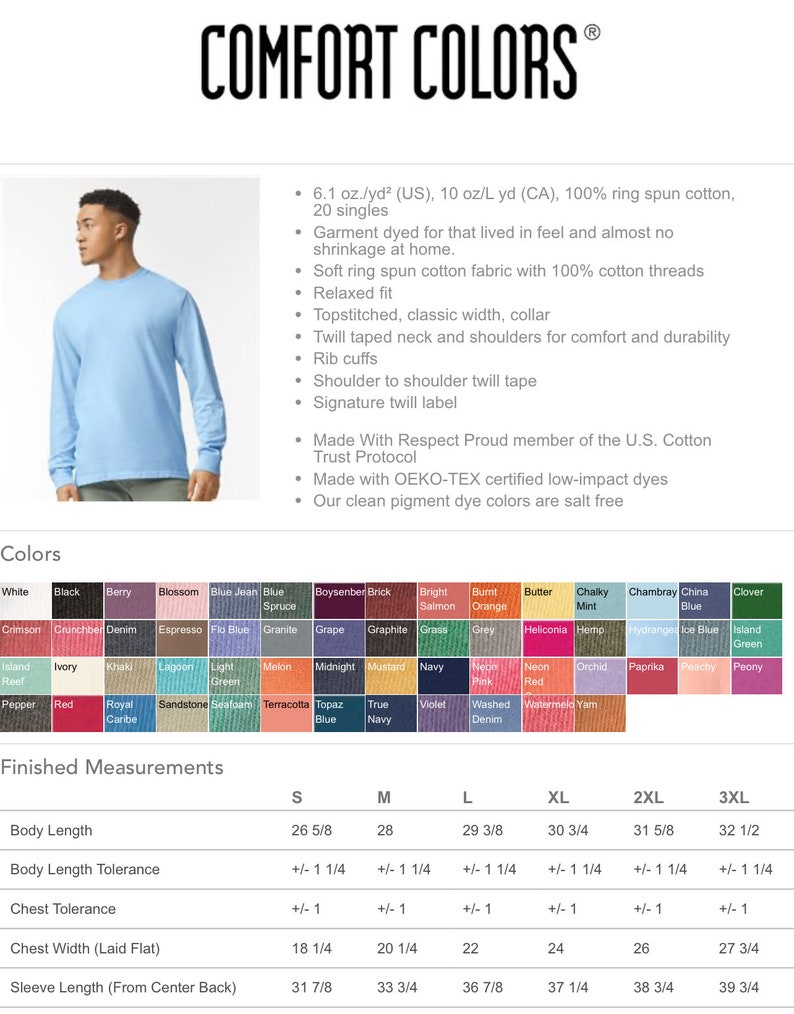 May include: A size chart for long-sleeve shirts with measurements in inches. The chart shows the measurements for different sizes, including body length, body length tolerance, chest tolerance, chest width, and sleeve length. The chart is titled "Finished Measurements" and is on a white background with black text.