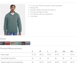 May include: A green pullover sweatshirt with a mock neck and ribbed cuffs and waistband. The sweatshirt is made of 7.2 oz./yd&sup2;, 80/20 US grown cotton/polyester. The size chart shows measurements in inches for body length, chest width, and sleeve length.