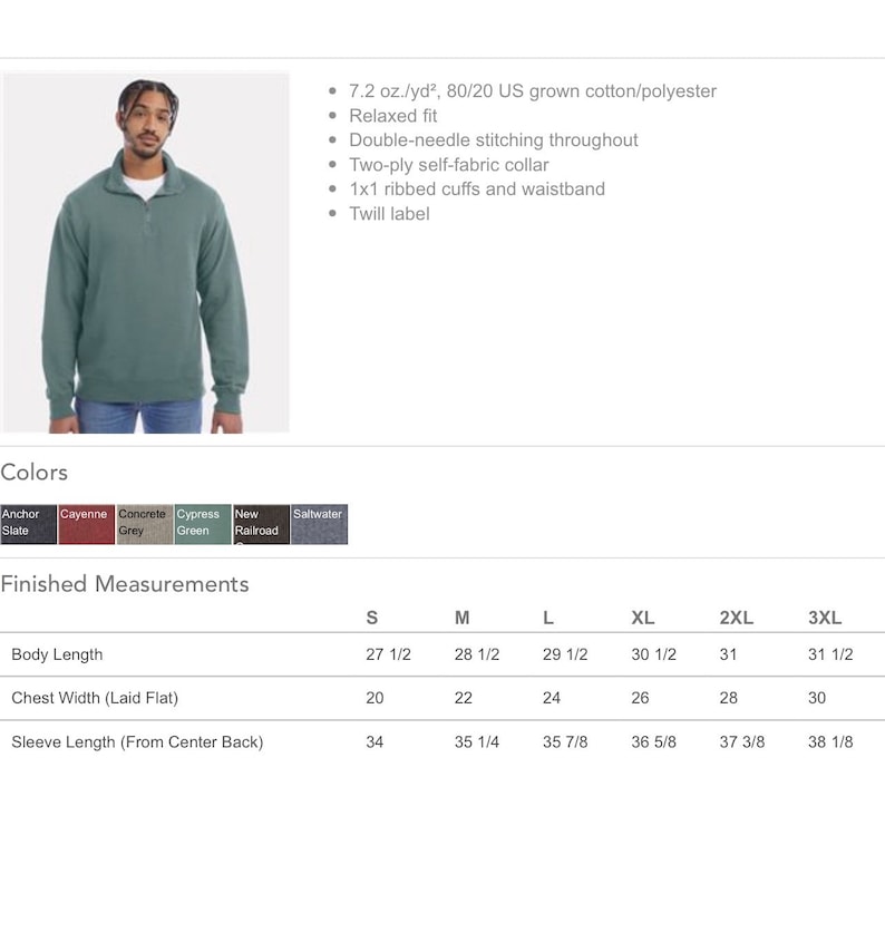 May include: A green pullover sweatshirt with a mock neck and ribbed cuffs and waistband. The sweatshirt is made of 7.2 oz./yd&sup2;, 80/20 US grown cotton/polyester. The size chart shows measurements in inches for body length, chest width, and sleeve length.