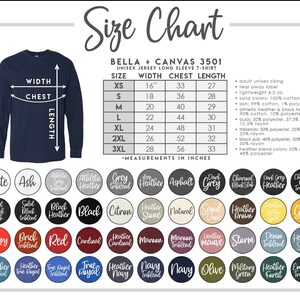 K&ouml;nnte beinhalten: Ein marineblaues Langarm-T-Shirt mit Gr&ouml;&szlig;entabelle. Die Tabelle listet die Ma&szlig;e in Zoll f&uuml;r Brustweite und L&auml;nge sowie verf&uuml;gbare Farben wie Schwarz, Rot und Heather Grey auf. Das Shirt ist unisex.