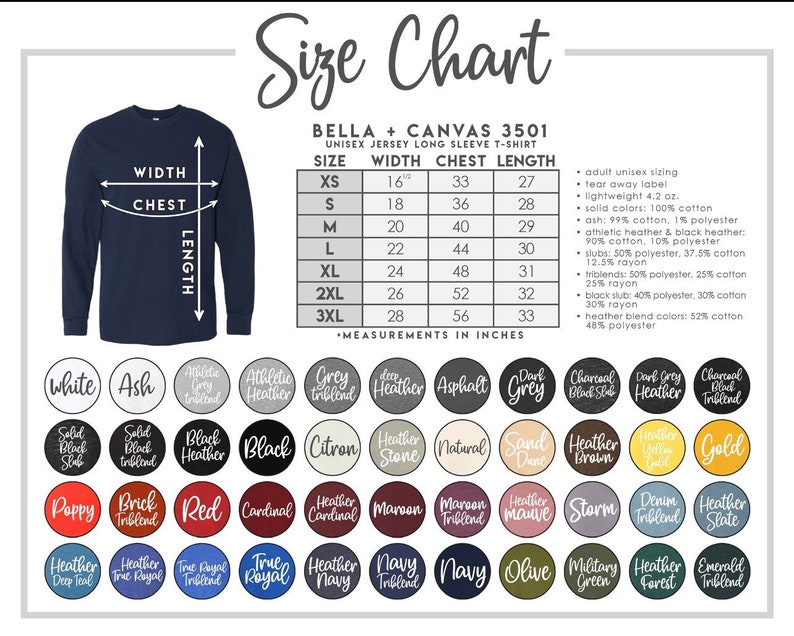 K&ouml;nnte beinhalten: Ein marineblaues Langarm-T-Shirt mit Gr&ouml;&szlig;entabelle. Die Tabelle listet die Ma&szlig;e in Zoll f&uuml;r Brustweite und L&auml;nge sowie verf&uuml;gbare Farben wie Schwarz, Rot und Heather Grey auf. Das Shirt ist unisex.