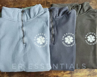 Emergency Department Sweatshirt, ER Nurse Sweatshirt, Quarter Zip ER Sweatshirt, Loose Comfort Fit, custom nurse jackets