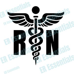 Peut inclure: Graphique noir représentant le symbole du Caducée, avec des ailes et un bâton entrelacé de deux serpents, et les lettres "RN". Ce design est un symbole de la santé et des soins infirmiers.