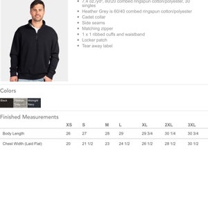 May include: A black mock neck pullover sweatshirt with a zipper. The sweatshirt is made of a blend of cotton and polyester. The size chart shows measurements in inches.