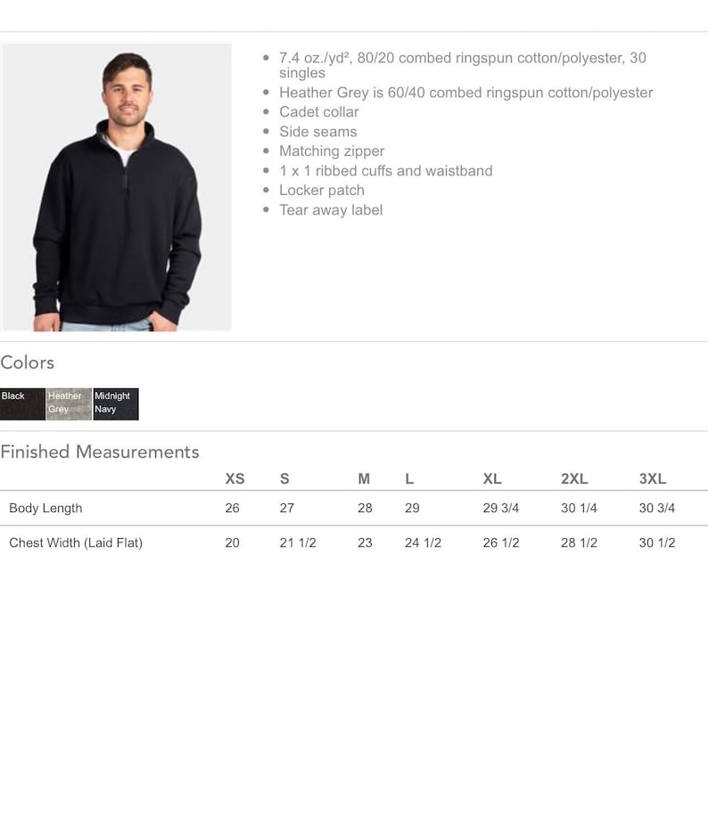 May include: A black mock neck pullover sweatshirt with a zipper. The sweatshirt is made of a blend of cotton and polyester. The size chart shows measurements in inches.