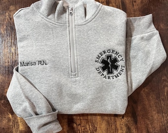 Custom Embroidered Emergency Department Quarter Zip Sweatshirt, Personalized ER Nurse Jacket, Emergency Room Sweatshirt
