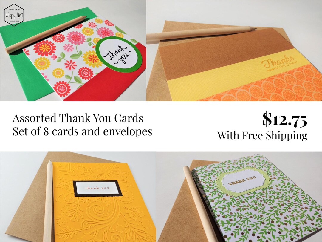 Assorted Handmade Thank You Cards Set of 8 Thank You Cards Bulk