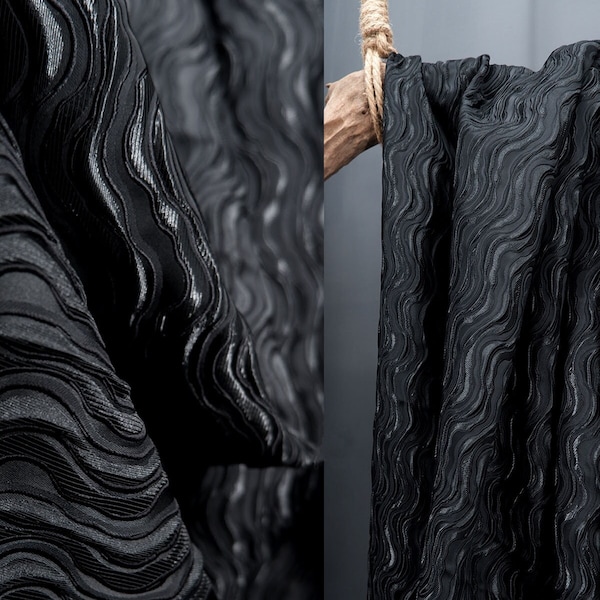 Striped Jacquard Fabric, Three-dimensional Textured Fabric, Luxury Black Fabric, Polyester Fabric, European Blend Fabric, Designer Fabric C9