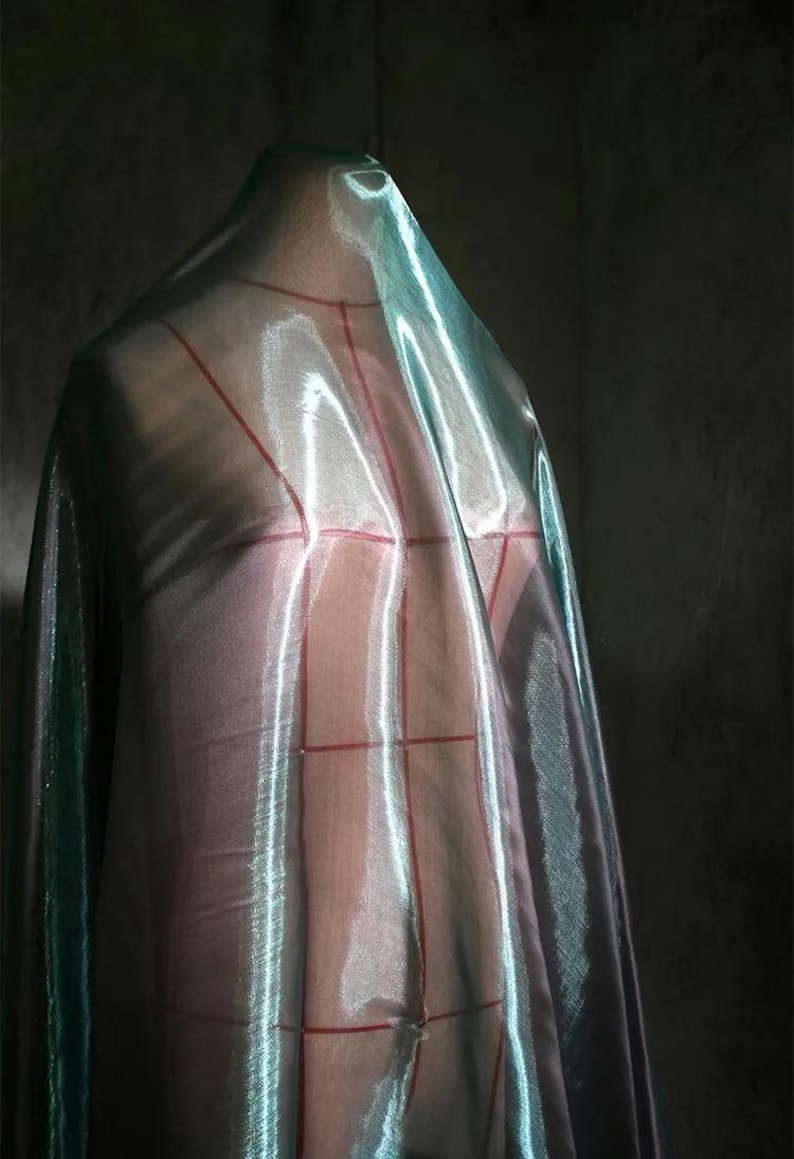 Flüssiges Wasser-glasiertes Garn Gewebe, Grün transparenter Gaze-Stoff, Glänzender Stoff, Umweltfreundlicher Stoff, Designer-Stoff, Meterware, A18-1 Bild 10