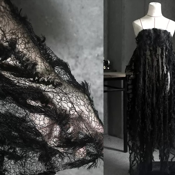 Black Lace Fabric, Irregular Hollow Mesh Fabric, Lightweight Fringed Fabric, Sold by the meter/ yard, A117