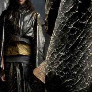 May include: Black leather jacket and skirt with gold crackle effect. The jacket has a high collar and a wide belt. The skirt is long and flowing. The fabric has a unique texture and pattern.