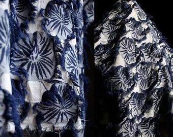 Tela estampada de algodón y lino, tela con flecos, tela con estampado floral, tela texturizada, tela para prendas, tela creativa, por metro, A331