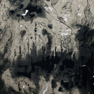 May include: Abstract black and white patterned fabric with a textured surface. The fabric has a subtle gray background with black and white patterns.