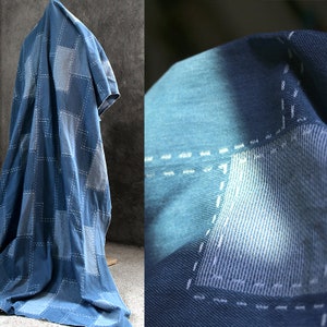100% Cotton Denim Fabric, Blue White Denim Fabric, Large Plaid Denim Fabric, Irregular Patchwork Denim, Designer Fabric, by the meter, A17