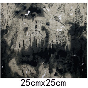 May include: Black and white abstract print fabric with a textured background. The fabric has a design of leaves and branches. The fabric is 25cm x 25cm.