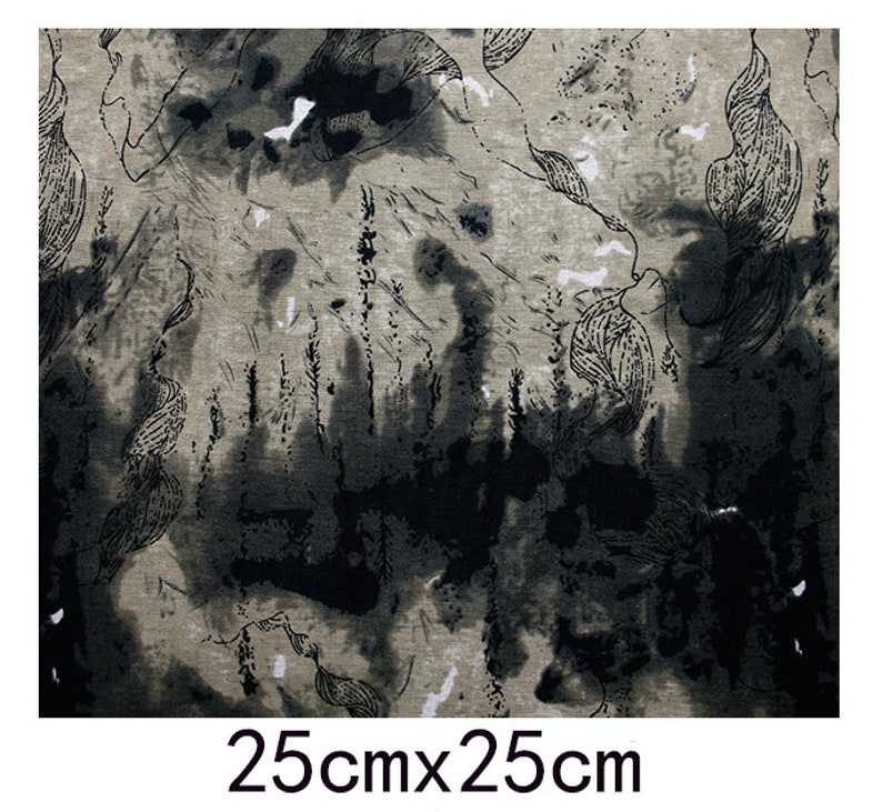 May include: Black and white abstract print fabric with a textured background. The fabric has a design of leaves and branches. The fabric is 25cm x 25cm.