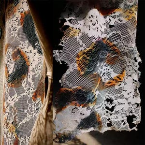 Könnte beinhalten: Nahaufnahme von weißem Spitzenstoff mit einem schwarzen, orangefarbenen und gelben Muster. Der Stoff ist an den Rändern zerrissen und ausgefranst.