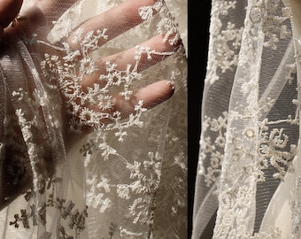 Floral Embroidered Fabric, Romantic Gauze Fabric, Beige Lace fabric, Perspective Fabric, Polyester Fabric, 59'' Width, by the yard, A38