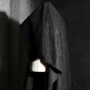 May include: A black fabric draped over a white dress form. The fabric has a rough texture and hangs in soft folds. The background is a dark gray, textured wall.
