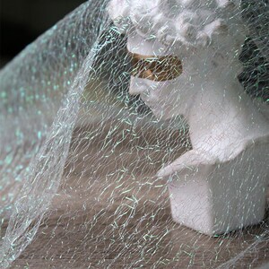 May include: A white bust sculpture is partially covered by a sheer, iridescent fabric. The fabric has a delicate, web-like pattern with shimmering, light-reflecting threads. The bust is a classical figure, and the fabric adds a touch of ethereal beauty.
