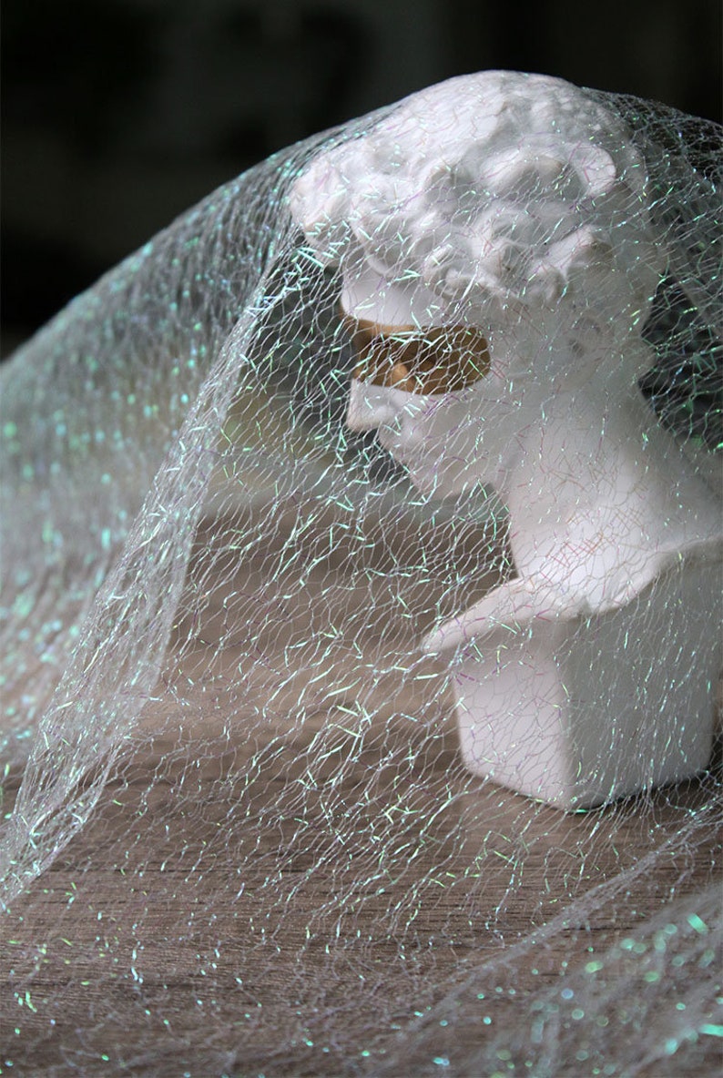 May include: A white bust sculpture is partially covered by a sheer, iridescent fabric. The fabric has a delicate, web-like pattern with shimmering, light-reflecting threads. The bust is a classical figure, and the fabric adds a touch of ethereal beauty.