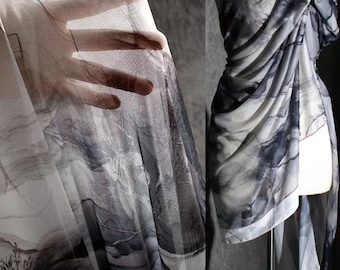 Tejido de malla elástica, tejido ligero y transparente, tejido estampado con motivos vegetales, tejido para prendas de vestir, tejido de diseño, por metro, A212