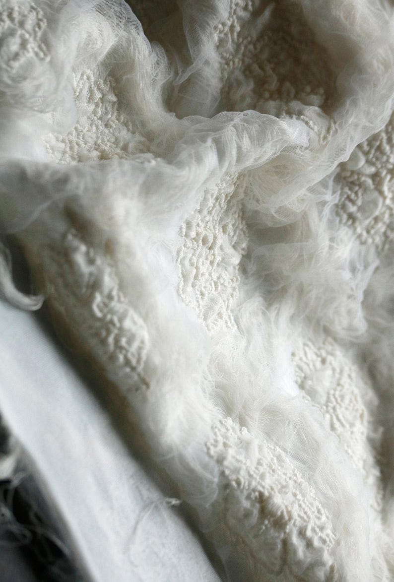 May include: Close-up of white fabric with a textured, layered design. The fabric appears to be a combination of delicate tulle and a more solid, possibly embroidered, material. The overall effect is soft and ethereal.