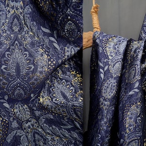 Blue Jacquard Fabric, Embossed Fabric, Glitter Thread Blended Fabric, Ethnic fabric, Texture Fabric, Classic Fabric, Royal Court Fabric, C40