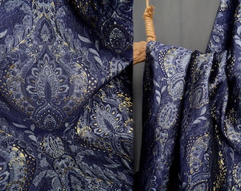 Blue Jacquard Fabric, Embossed Fabric, Glitter Thread Blended Fabric, Ethnic fabric, Texture Fabric, Classic Fabric, Royal Court Fabric, C40
