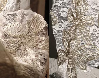 Beige Embossed Floral Embroidery Fabric, Cotton Lace Fabric, Hollow-out Sheer Tulle Fabric, Dress Fabric, Fabric, Soft  By The Meter, A125
