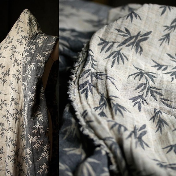 Hemp Grey Cotton Fabric, Bamboo Leaf Printed Fabric, Soft Breathable Fabric, Chinese-style Fabric , Designer Fabric, By The Yard, A283