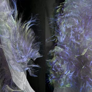 Puede incluir: Primer plano de un textil con textura de plumas. La tela presenta una mezcla de colores, incluyendo tonos de morado, azul y amarillo. El material parece delicado y aireado, con una base similar a una red. El efecto general es suave y etéreo.