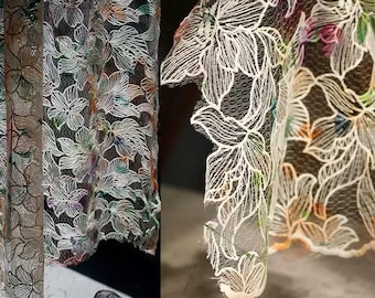 May include: Close-up of white floral lace fabric. The delicate lace features intricate flower designs with colorful accents. The fabric is semi-transparent, revealing a glimpse of the background. The overall aesthetic is elegant and detailed.