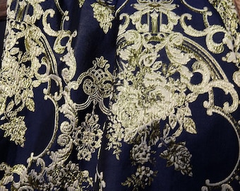 Embossed Fabric, Jacquard Fabric, Blue Golden Fabric, Texture Fabric, Classic Fabric, Polyester Fabric, Royal Court Fabric, By The Yard, C38