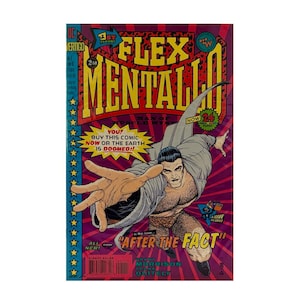 May include: A comic book cover featuring a muscular man with a white shirt and brown shorts. The cover is red, pink, and yellow with the title "Flex Mentallo" and the text "After the Fact".