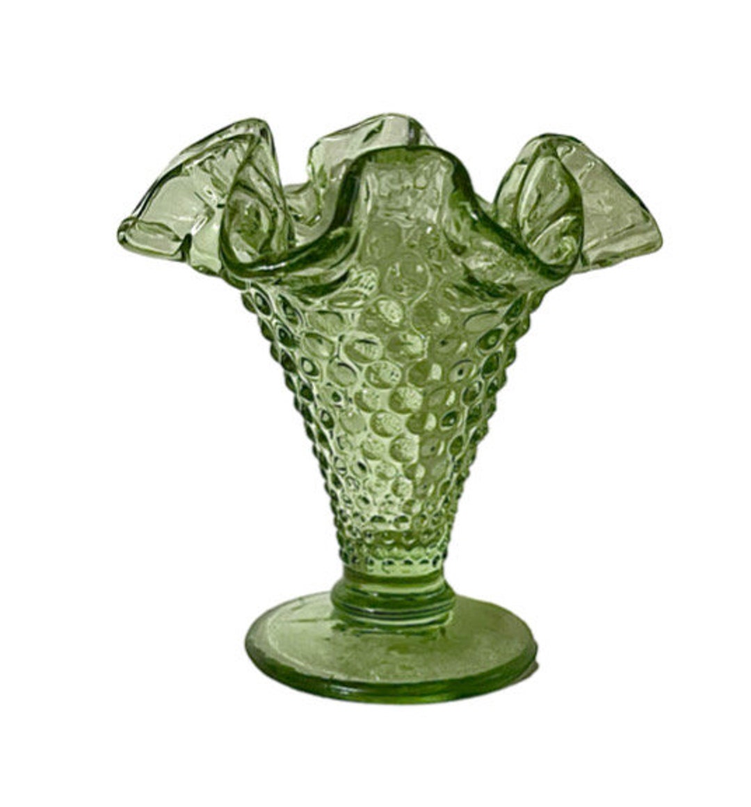 Vintage Fenton Hobnail Green Glass Trumpet Vase Etsy