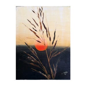 May include: An original painting depicting a sunset scene. The artwork features a vibrant orange sun setting behind a dark horizon line. Tall, slender grass stalks are in the foreground, with a light beige sky above. Signed by the artist, W. Staley.