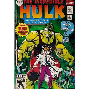 May include: The Incredible Hulk comic book cover, issue #393, featuring a green Hulk with a black tank top, standing over a man in a white lab coat and purple pants. The cover text reads "The Strangest Man of All Time!" and "Is He Man or Monster or... Is He Both?"