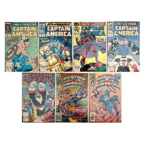 May include: A collection of seven vintage Captain America comic books from the Marvel Acts of Vengeance and Streets of Poison series. Each cover features colorful illustrations of Captain America in various action scenes with different villains.