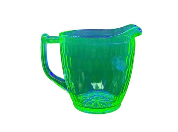 Mid Century Vaseline Glass Pitcher Hex Optic Pattern Jeanette Glass Vintage Uranium Glass