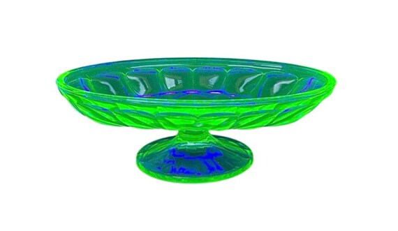 Mid Century Vaseline Glass Pedestal Desert Bowl Uranium Glass Green Vintage