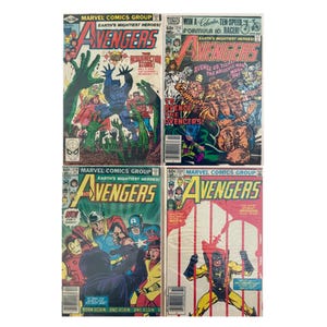 May include: Four comic books featuring the Avengers, a superhero team from Marvel Comics. The covers feature various characters, including Iron Man, Thor, Captain America, and the Wasp. The covers are in bright colours, with red, yellow, and blue being prominent. The text on the covers includes "Earth's Mightiest Heroes!" and "Avengers".