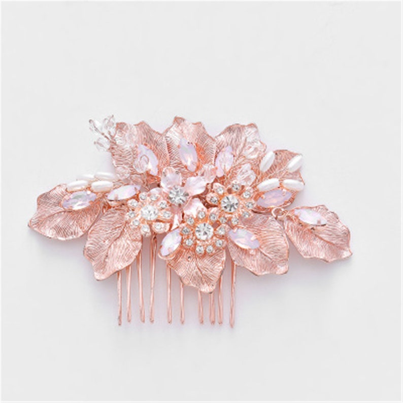 Bridal Comb Tiara Handmade Beads Crystal Rhinestone Pearls Comb Pink Flower Wedding Beads Comb Bridesmaid Headdress Bride Gifts