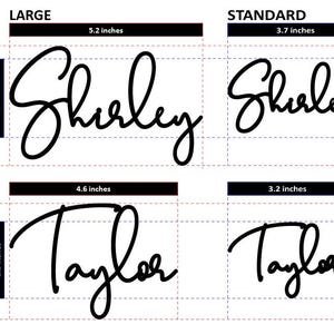 May include: Black cursive name cutouts, "Shirley" and "Taylor", in two sizes: large (13.2 cm and 11.7 cm wide) and standard (9.4 cm and 8.1 cm wide). The large cutouts are 8.4 cm and 7.9 cm tall, respectively. The standard cutouts are 5.3 cm tall.