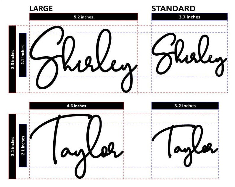 May include: Black cursive name cutouts, "Shirley" and "Taylor", in two sizes: large (13.2 cm and 11.7 cm wide) and standard (9.4 cm and 8.1 cm wide). The large cutouts are 8.4 cm and 7.9 cm tall, respectively. The standard cutouts are 5.3 cm tall.