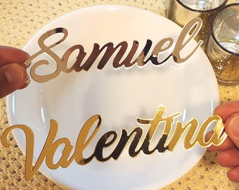 Gold Mirror Place Cards, Personalized Acrylic Wedding Name Plates, Custom Laser Cut Wood Name Tags for Birthday Party, Modern Table Setting