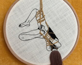 Handmade erotic embroidery hoop, shibari art, bondage, kinbaku