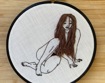 Handmade embroidery hoop, beautiful woman, dreads, erotic embroidery