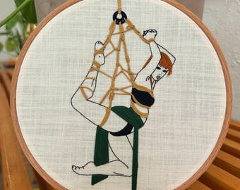 Bondage art, shibari - kinbaku figure, rope suspension needle work, hand stitched erotic embroidery