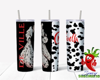 Cruella Dalmatian Christmas sublimation waterslide design 20oz tumbler full wrap waterslide
